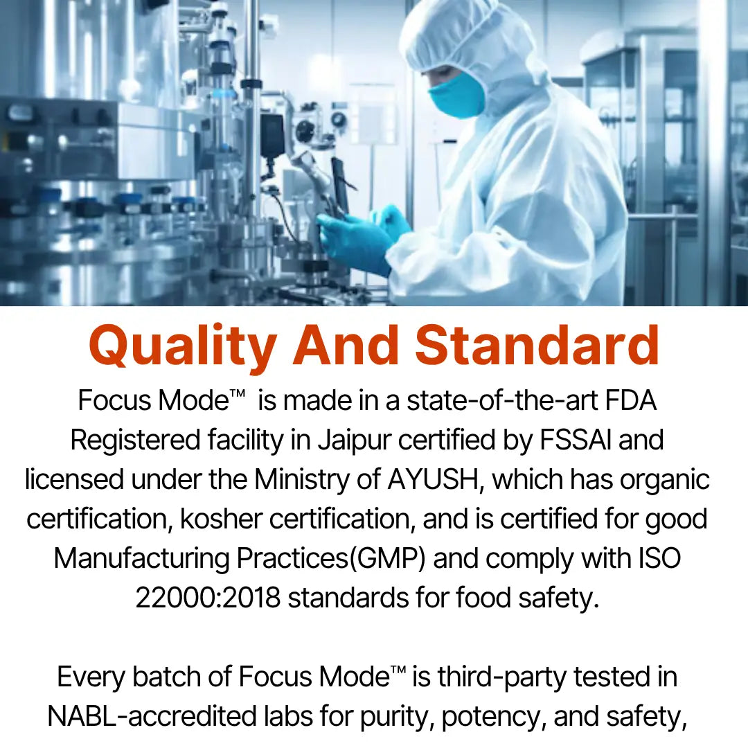 Person in a lab coat and gloves working in a laboratory with text about product quality and certifications.