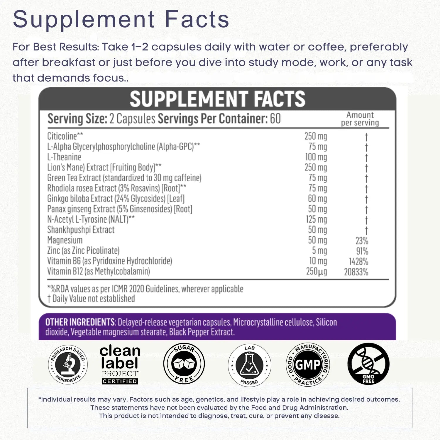 Supplement facts label with detailed ingredient list and serving size on a white background