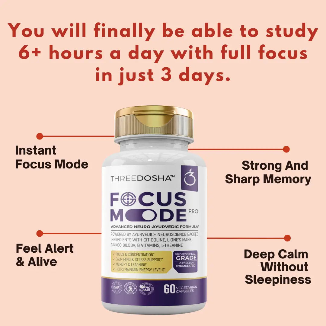 Three Dosha Focus Mode supplement bottle with text on a pink background