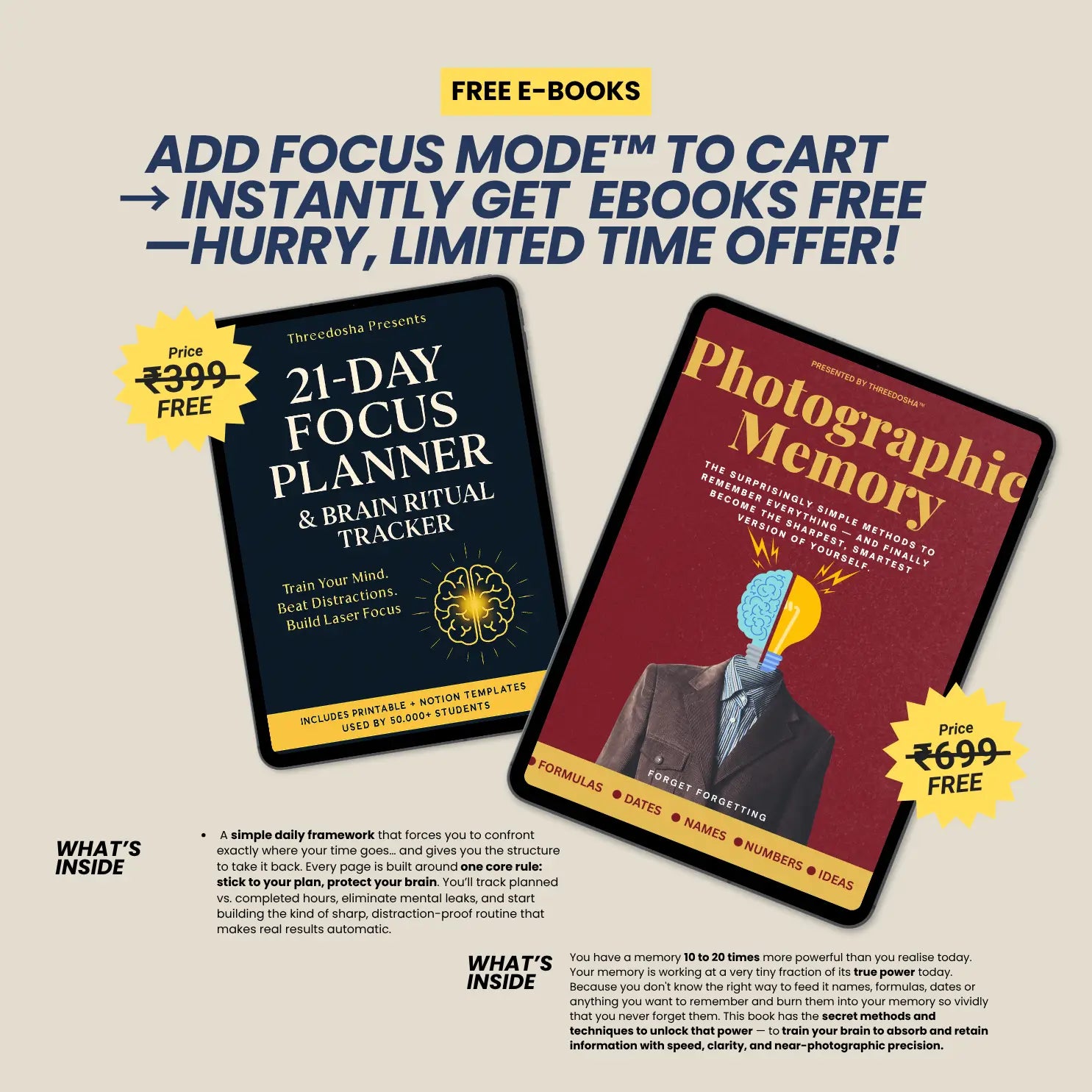 Promotional graphic for books with covers of '21-Day Focus Planner' and 'Photographic Memory' on a beige background.