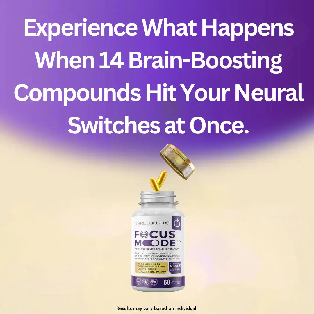 Threedoosha Focus Mode supplement bottle with promotional text on a gradient background