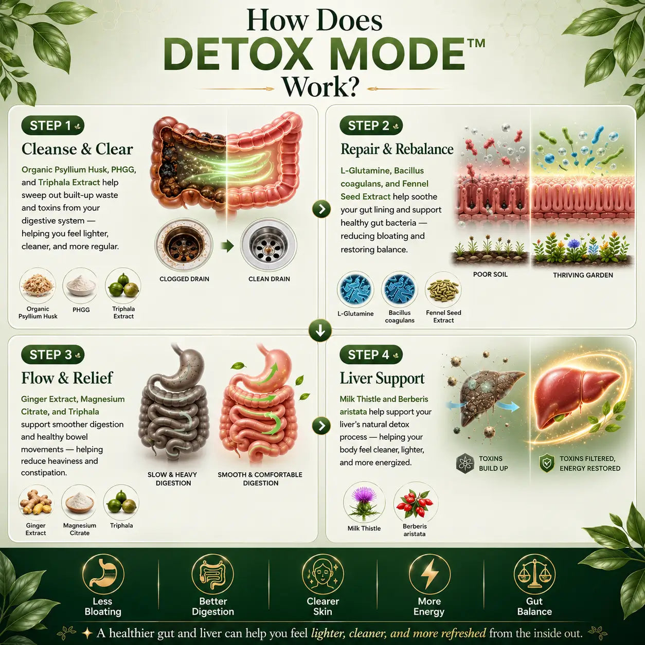 Detox Mode – 10-in-1 Advanced Gut Cleanse supplement for natural and gentle cleanse| Repairs Gut lining | Strengthens the Digestive System | Laxative(Senna) Free |Sugar Free | Men & Women | 60 Veg Capsules