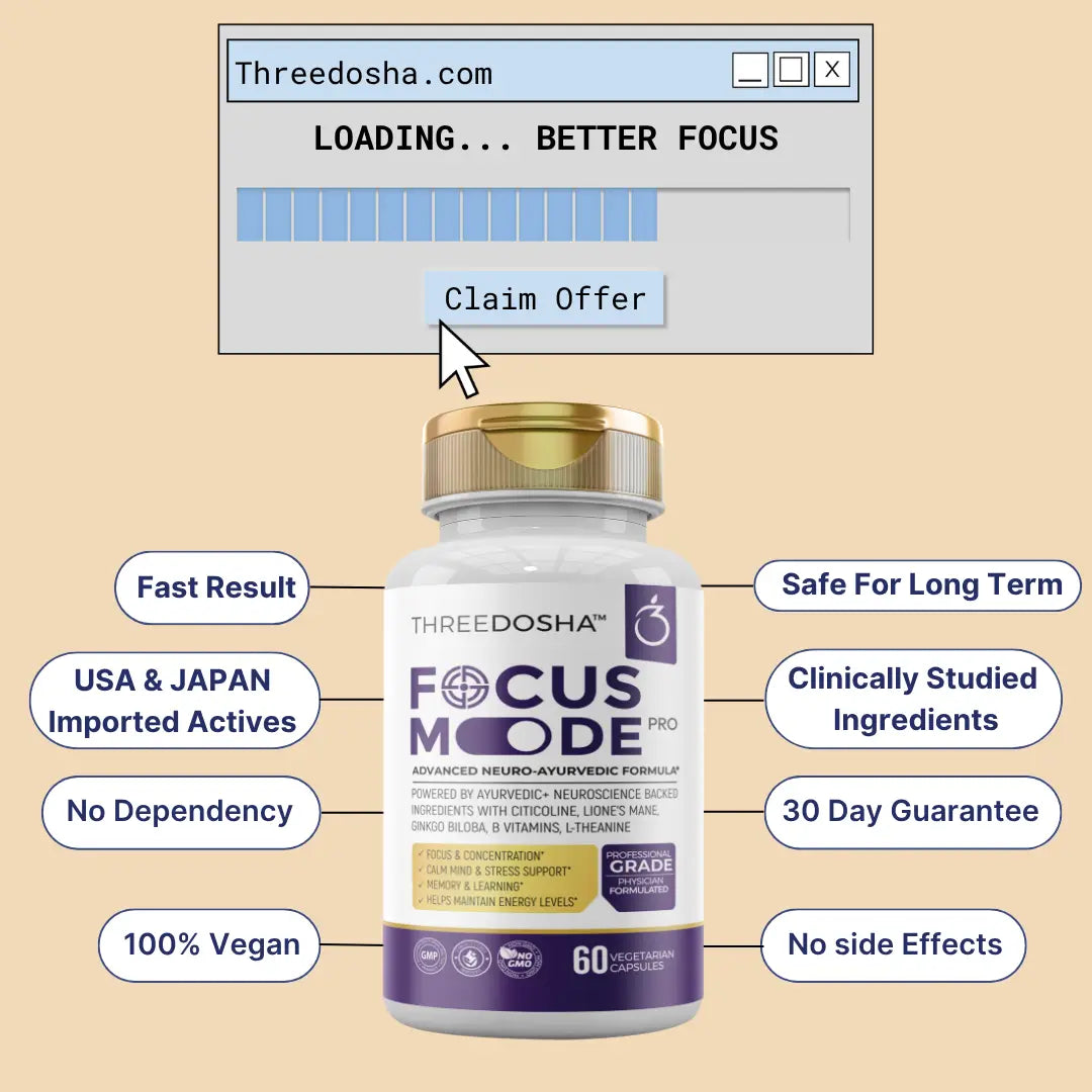 Threedosha Focus Mode supplement bottle with product features on a beige background