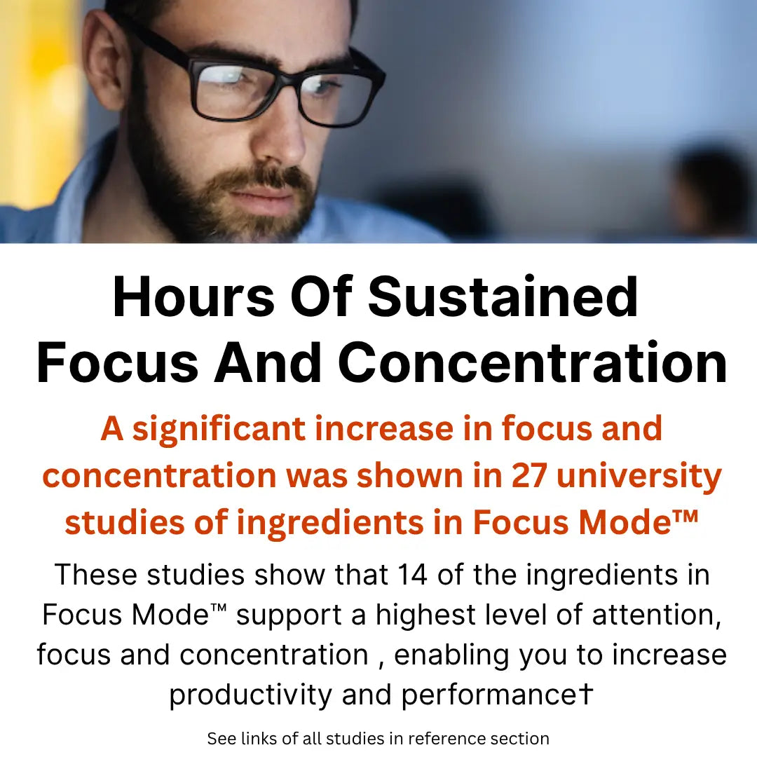 Advertisement for 'Focus Mode' with a man wearing glasses and a blurred background