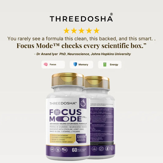 Two bottles of Threedosha Focus Mode on a white background with product details and positive feedback.